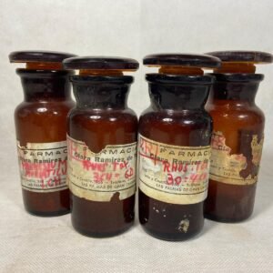 Antiguo frasco de farmacia en cristal amber etiquetados originales 12 cm, precio unidad