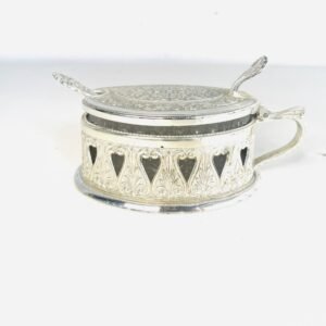 Azucarero Queen Victoria en platé repujado con cristal Waterford Inglaterra 1930’s