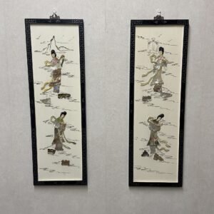 Dueto de cuadros Pinyin en laca marfilada  con inscrustaciones en madreperla, marfil,nácar y minerales mediados de S.XX 31x91 cm