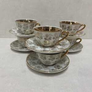 Set de 6 tazas de café “Hilton” en porcelana fina y oro doré 18k 1960’s